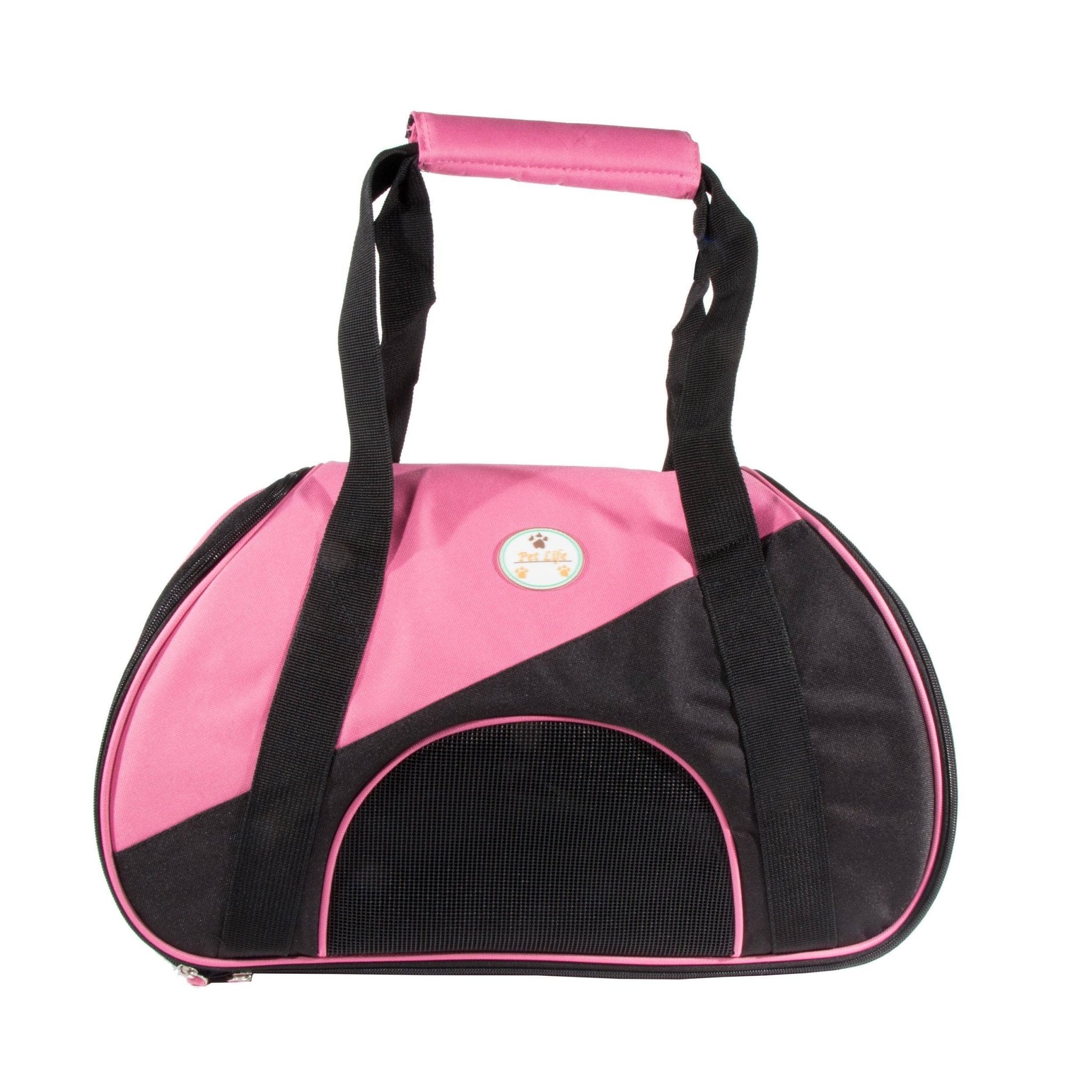 Pet dog carrier with front mesh panel and handles, pink and black color-block design