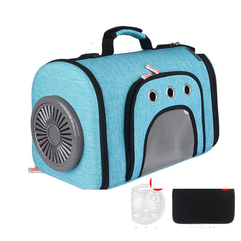Blue pet fan travel bag with side mesh ventilation and cat-face window, front fan