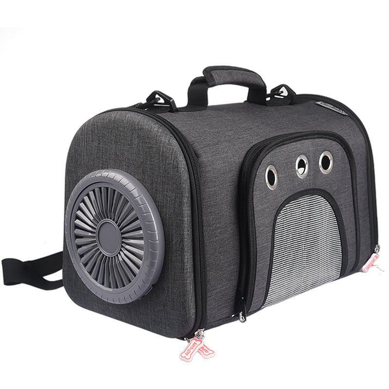 Dark grey pet travel fan bag with side mesh ventilation and cat-face window, front fan