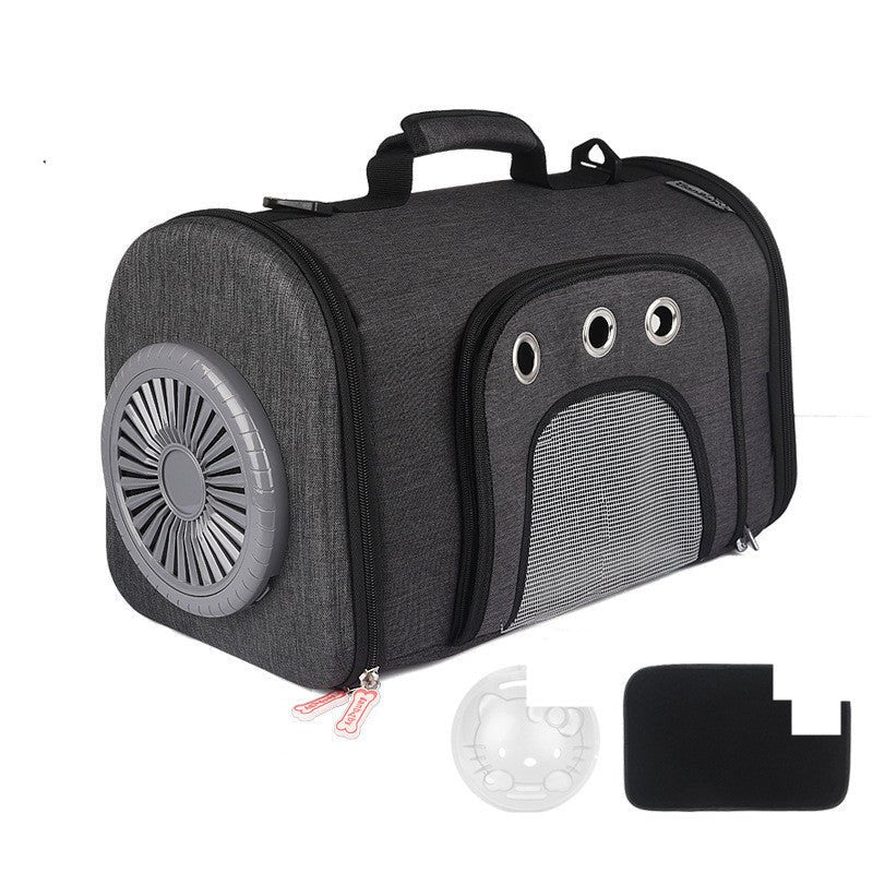 Dark grey pet travel fan bag with side mesh panel and cat-face window, front fan