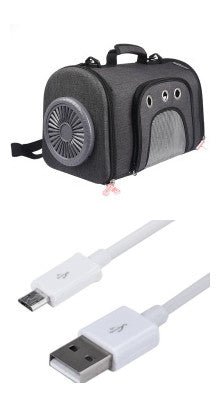 Grey pet fan travel bag with side mesh panel and cat-face window, with USB cable