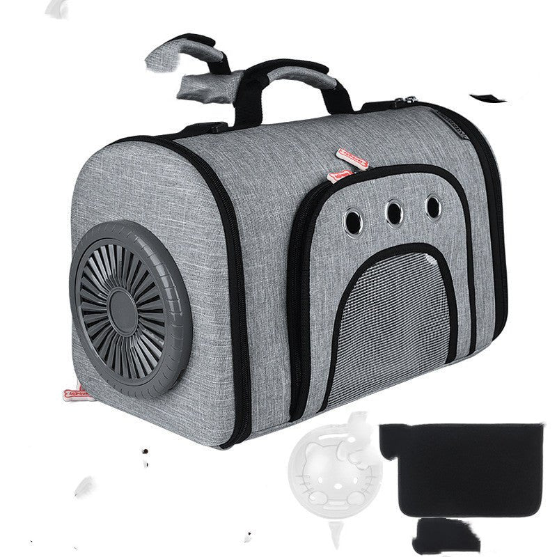 Grey pet travel fan bag with side mesh panel and cat-face window, front fan details