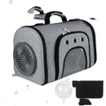 Grey pet travel fan bag with side mesh panel and cat-face window, front fan details