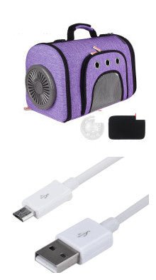 Purple pet fan travel bag with side mesh ventilation and cat-face window, front fan
