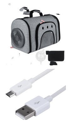 Grey pet fan travel bag with side mesh panel, cat-face window, plus USB cable