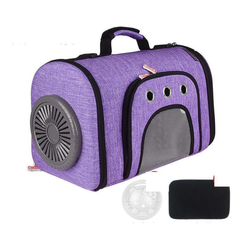 Purple pet fan travel bag with side mesh ventilation and cat-face window, front fan