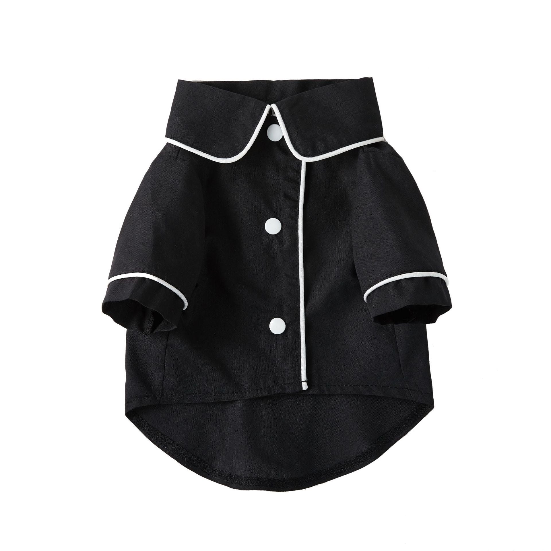 Black pet pajamas for small pets, button-front jacket with contrast white trim and pockets