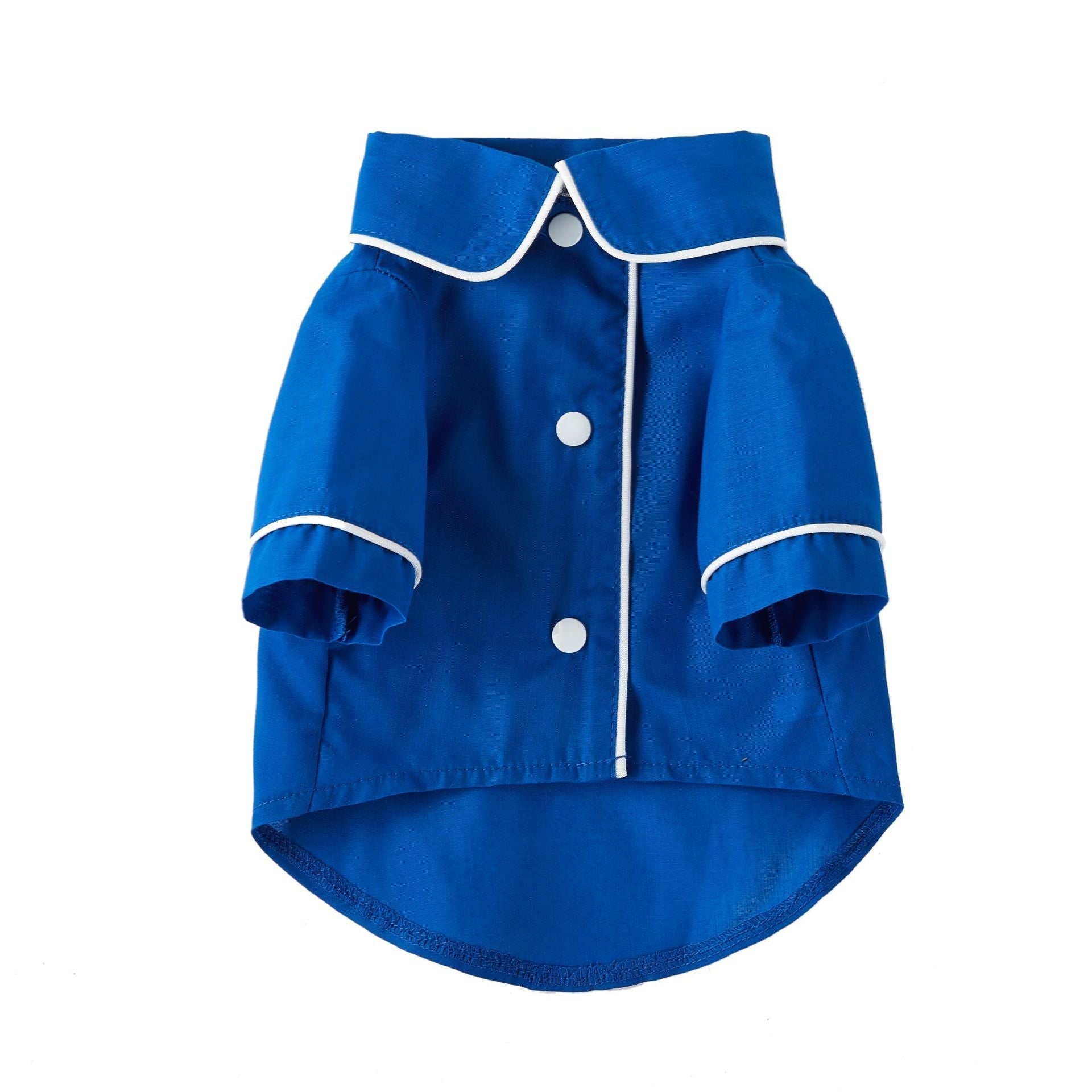 Blue pet pajamas for small pets, button-front jacket with white trim and side pockets