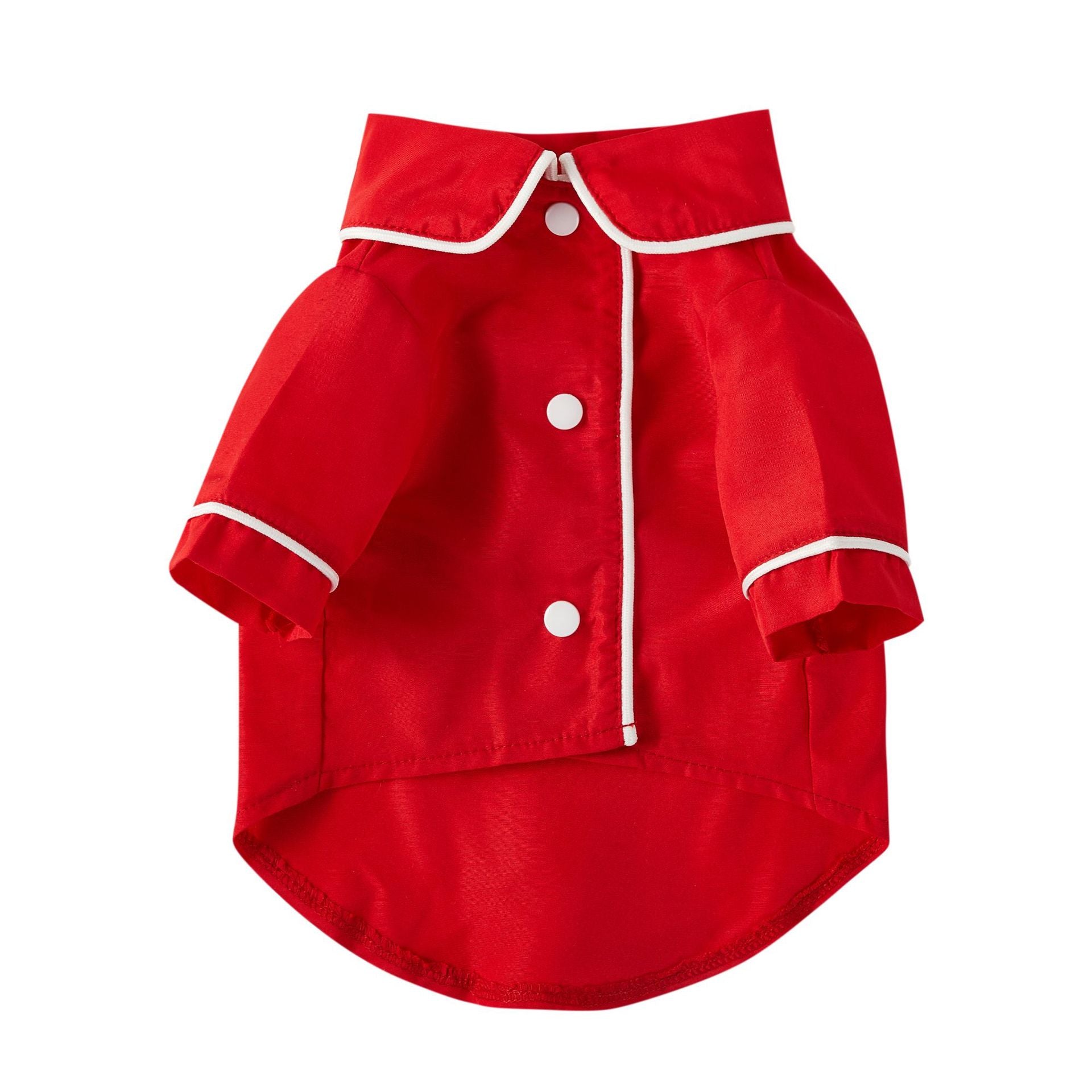 Red pet pajamas for small pets, button-front jacket with white trim and side pockets