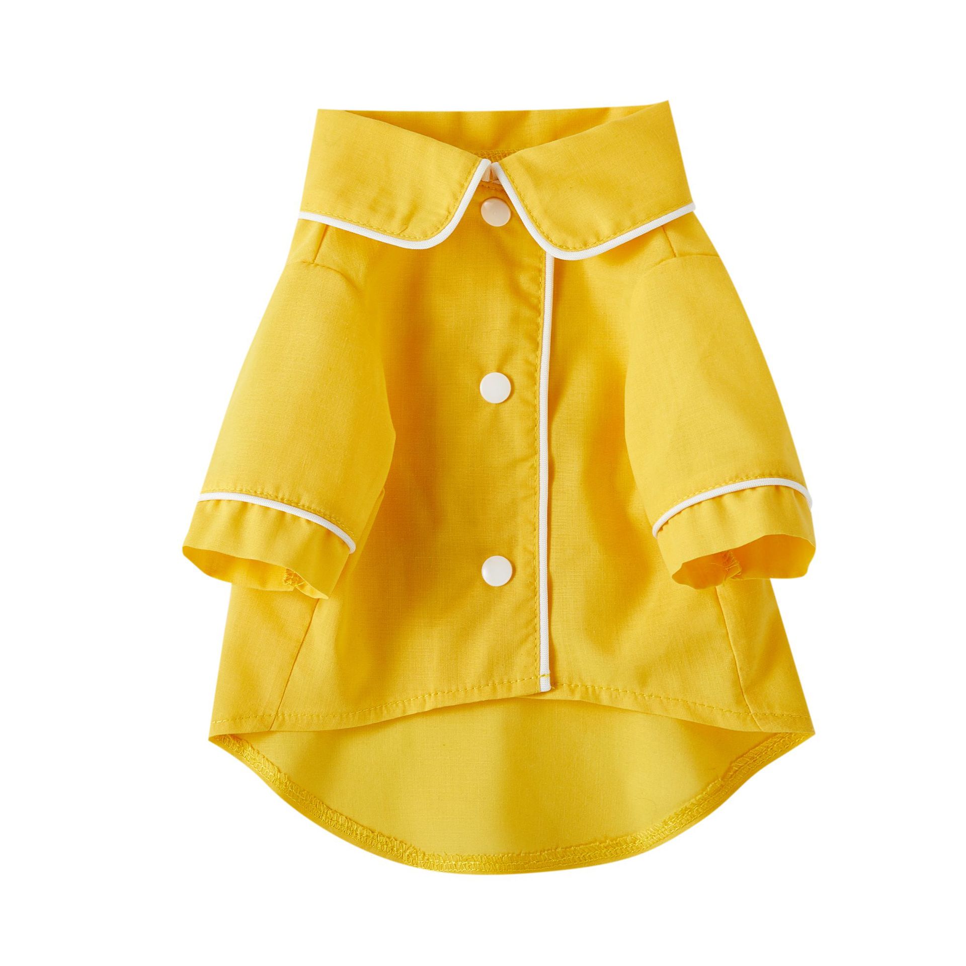 Yellow pet pajamas for small pets, button-front jacket with white trim and side pockets