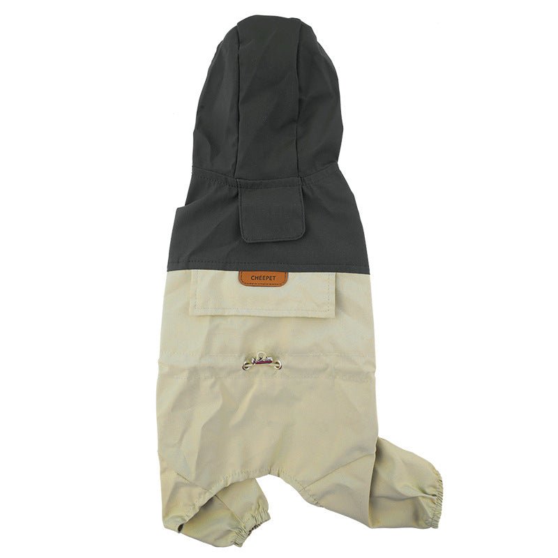 Hooded dark gray dog raincoat with light tan lower panels and snap front