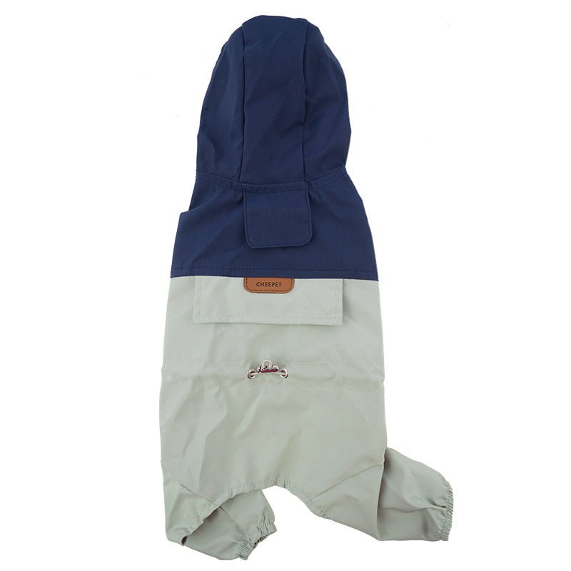 Hooded navy dog raincoat with light gray lower panels and snap-front closure