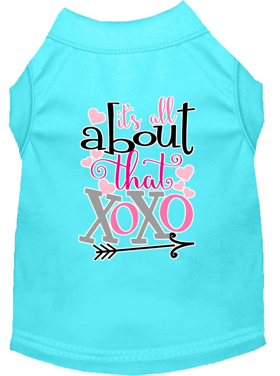 Aqua pet shirt with “All about that XOXO” front graphic and heart details