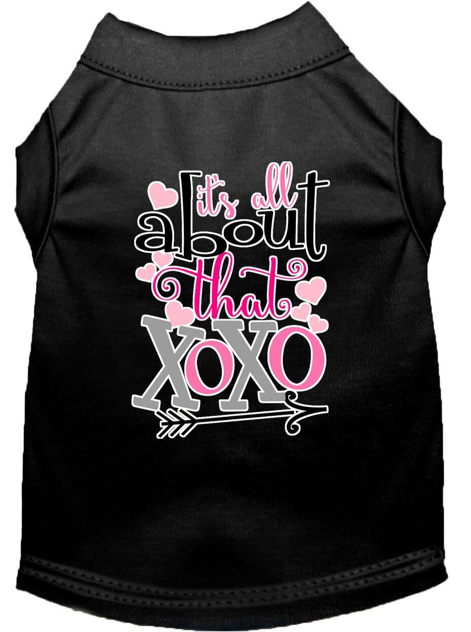 Black pet shirt with “All about that XOXO” front graphic and heart details