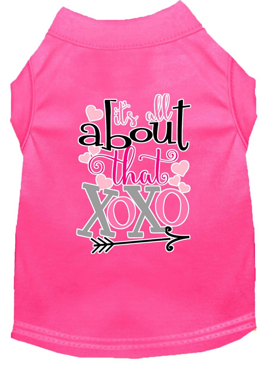 Light pink pet shirt with “All about that XOXO” front graphic and heart details