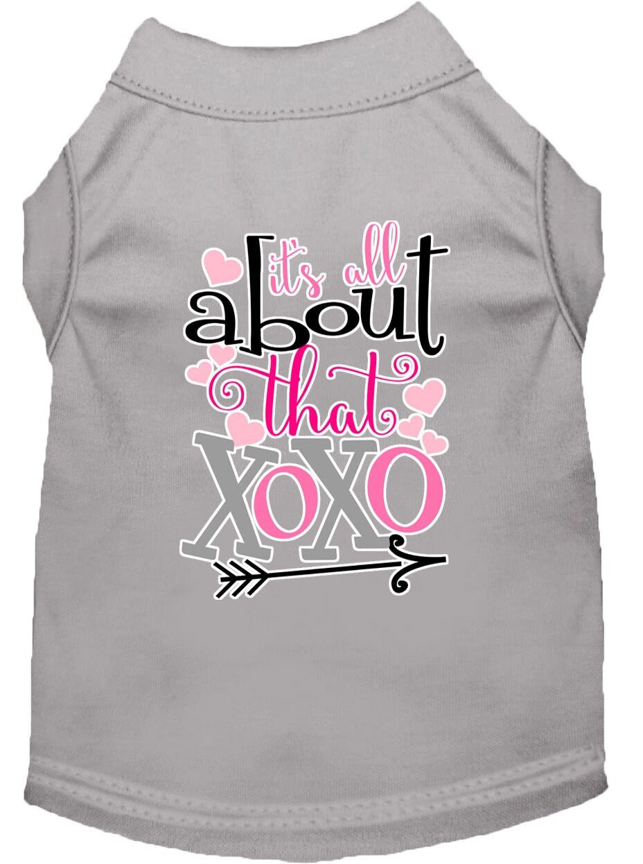 Gray pet shirt with “All about that XOXO” front graphic and heart details