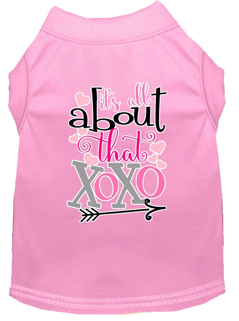 Pink pet shirt with “All about that XOXO” front graphic and heart details