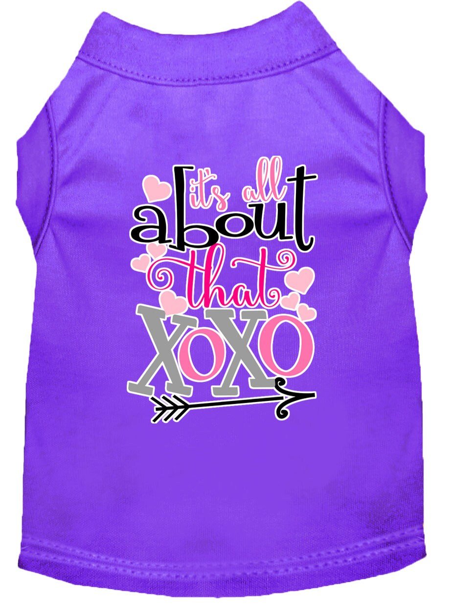Purple pet shirt with “All about that XOXO” front graphic and heart details
