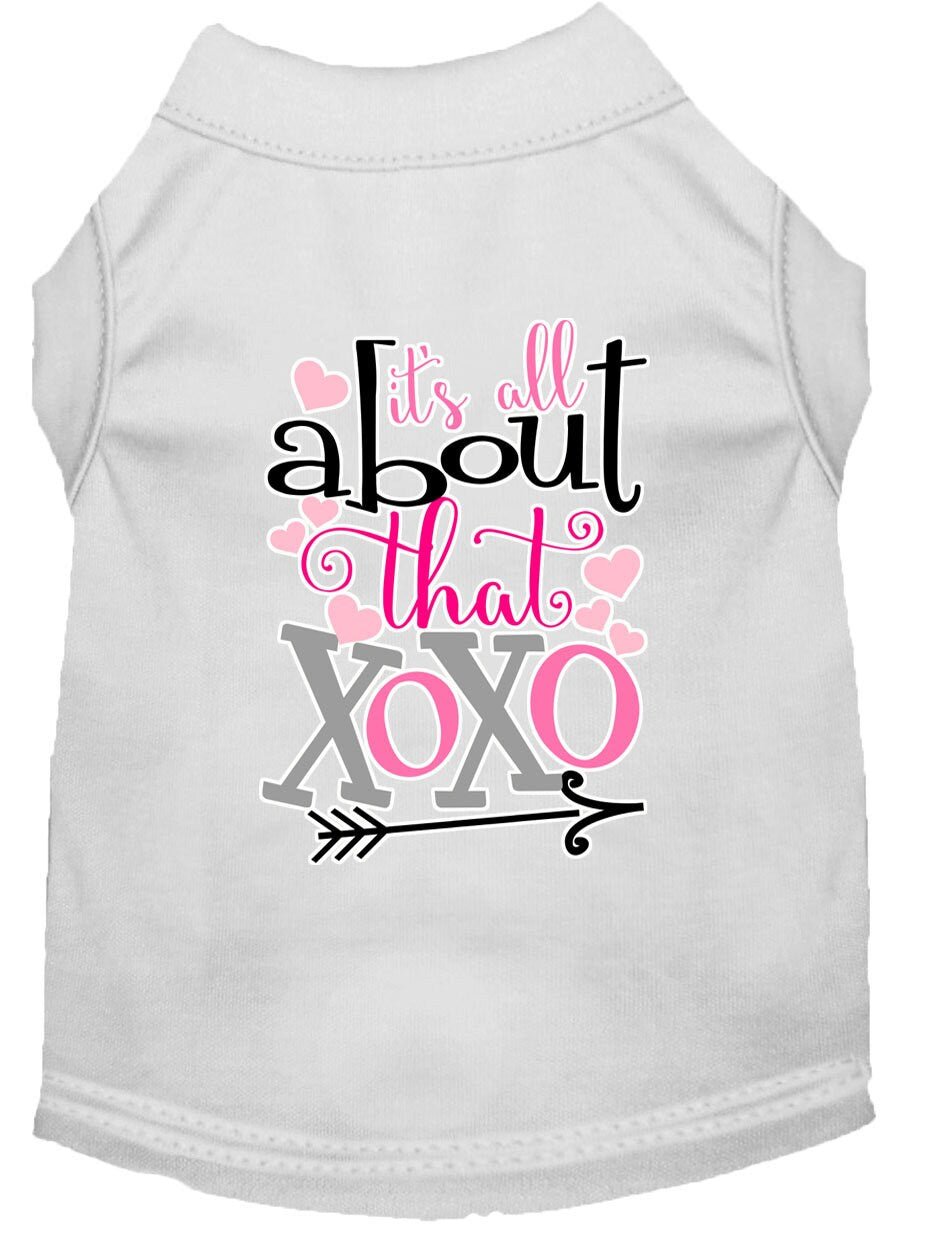 White pet shirt with “All about that XOXO” front graphic and heart details