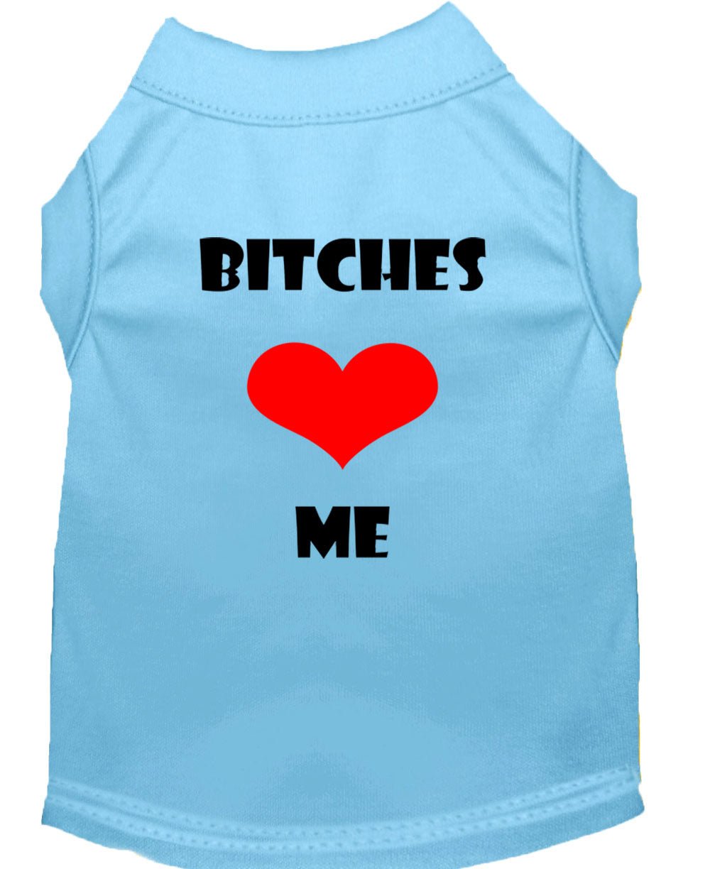 Pet shirt with 'BITCHES' and 'ME' graphic, red heart on light blue fabric