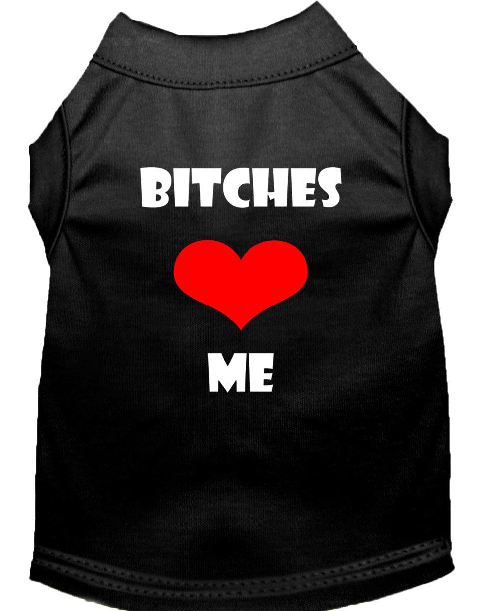 Black pet shirt with 'BITCHES' and 'ME' text over red heart graphic
