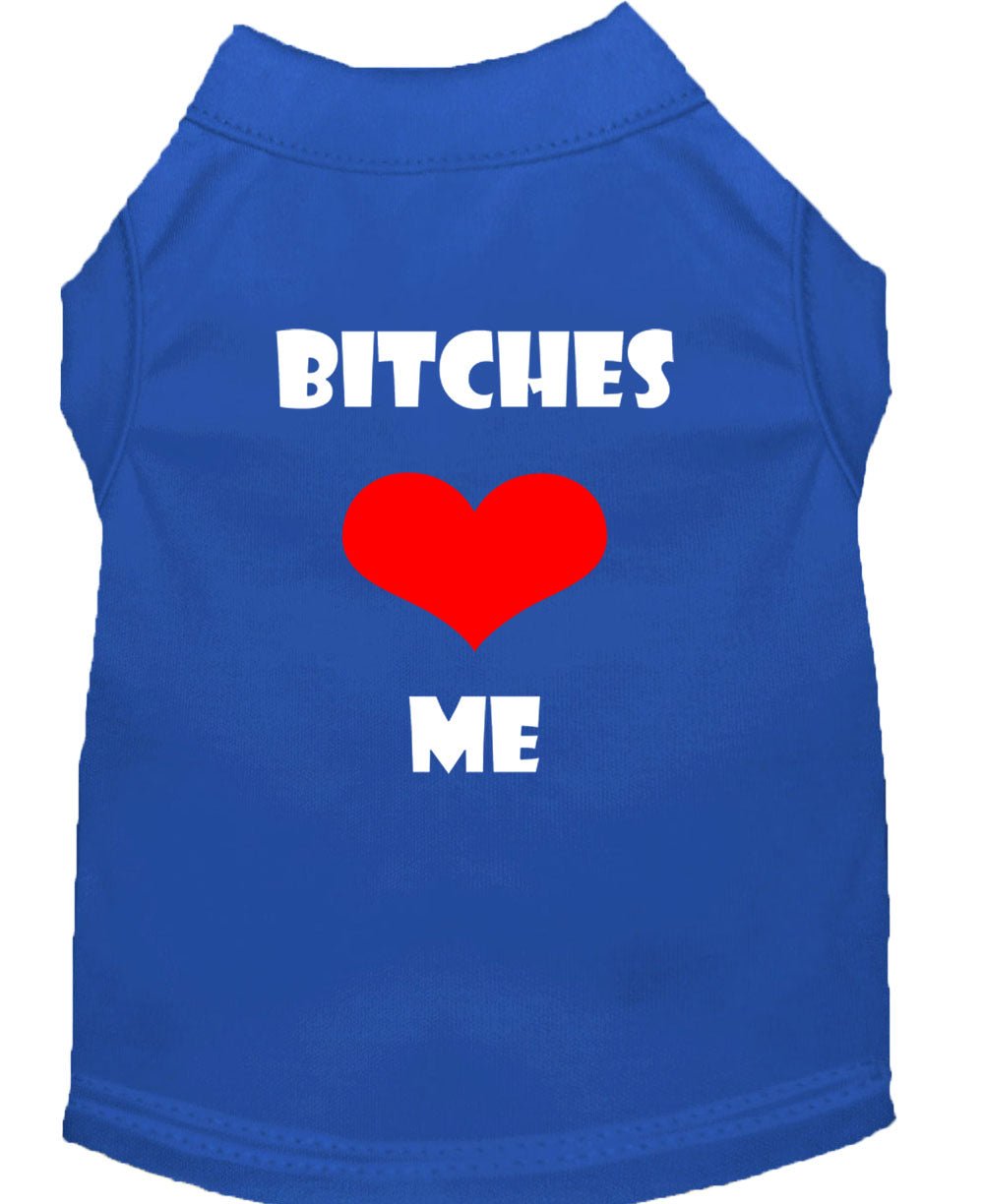 Blue pet shirt with 'BITCHES' and 'ME' text and red heart graphic