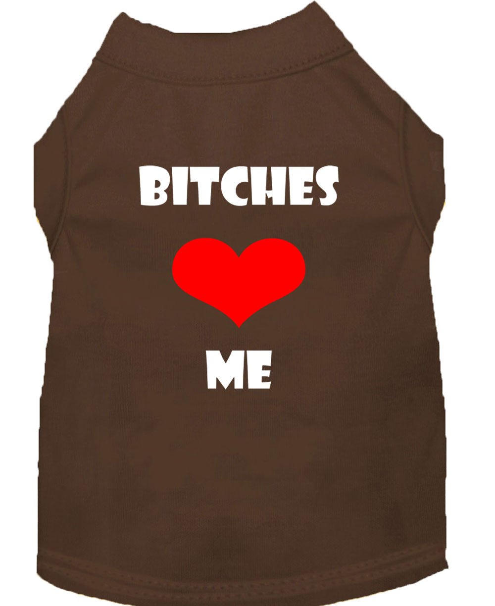 Brown pet shirt with 'BITCHES' and 'ME' text and red heart graphic