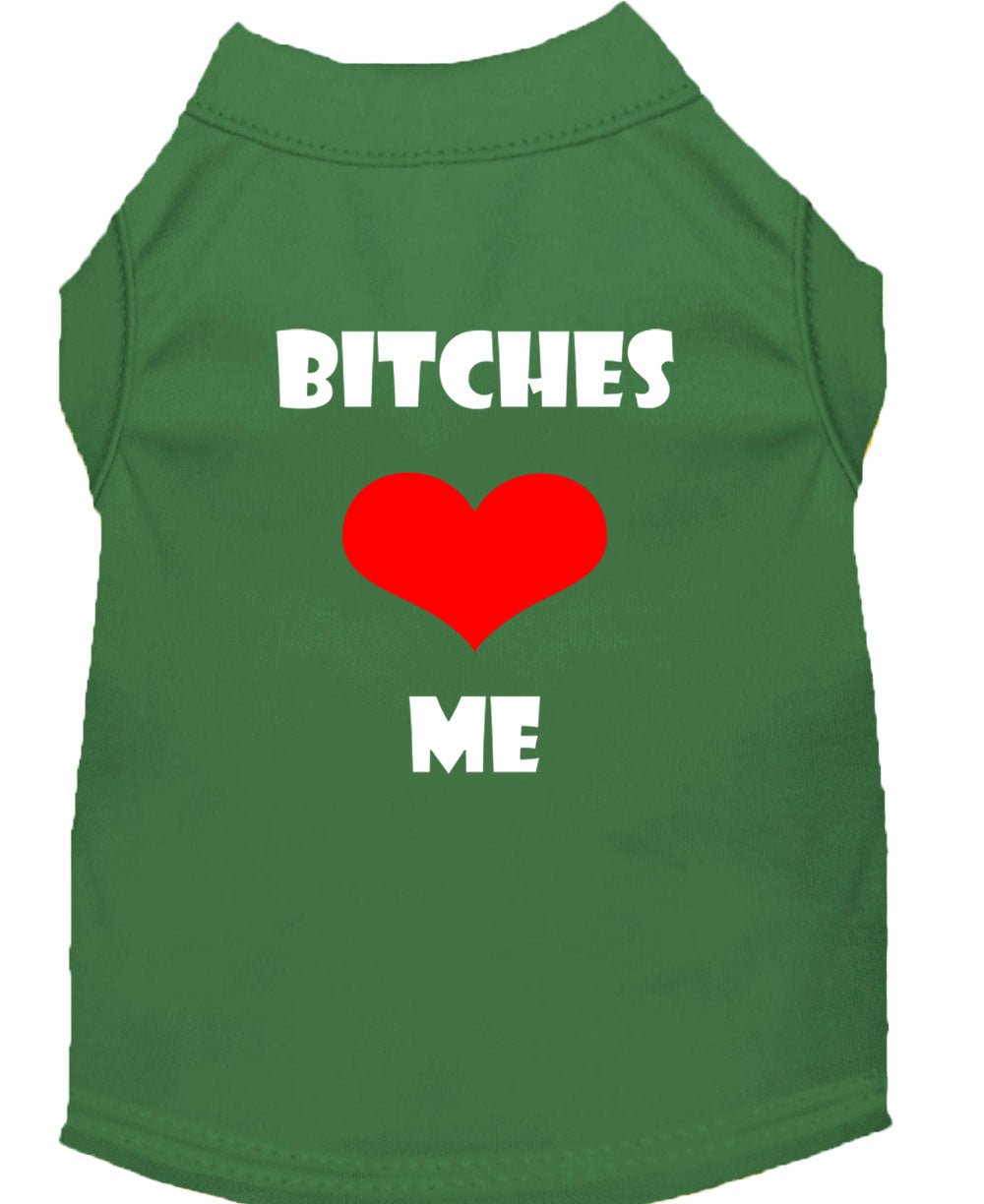 Green pet shirt with 'BITCHES' and 'ME' text and red heart graphic