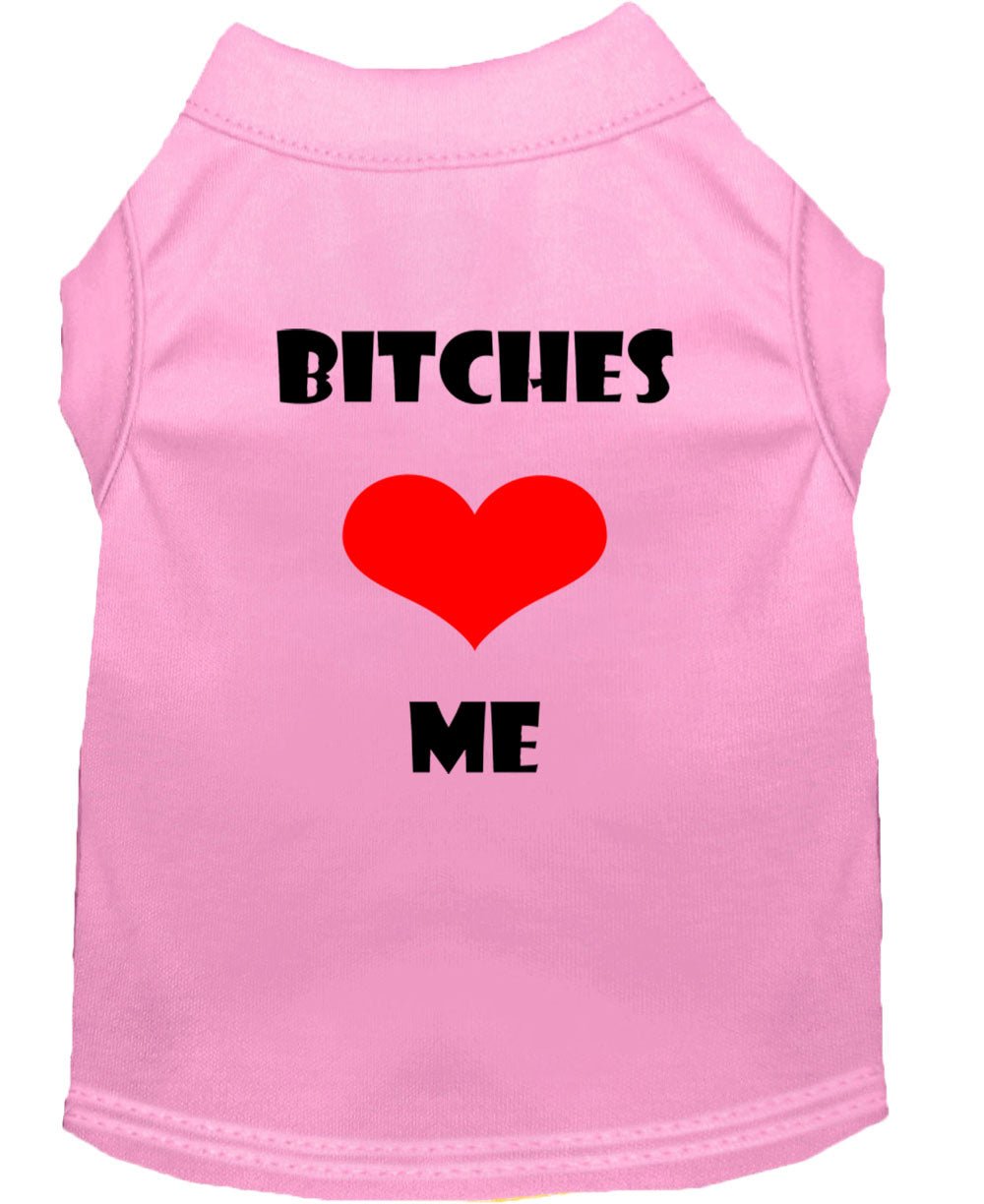 Light pink pet shirt with 'BITCHES' and 'ME' text and red heart graphic