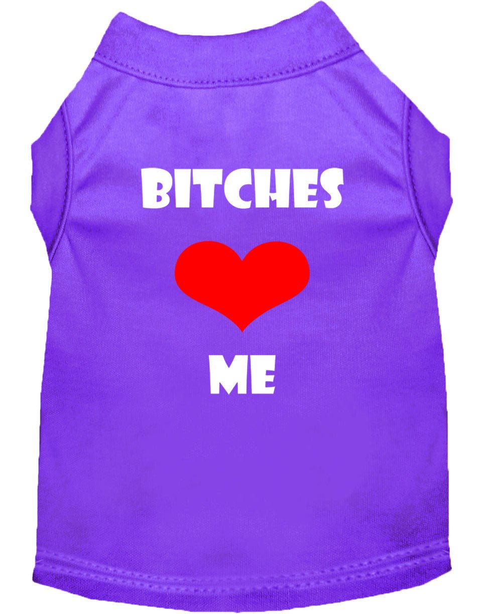 Purple pet shirt with 'BITCHES' and 'ME' text and red heart graphic