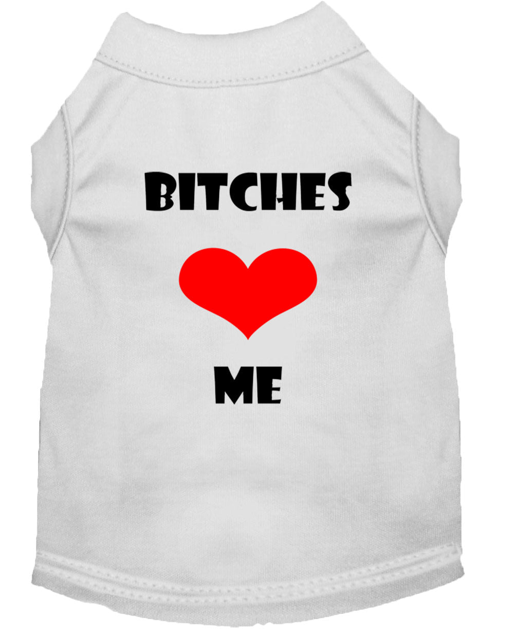 Pet shirt with 'BITCHES' and 'ME' text, red heart graphic on light fabric