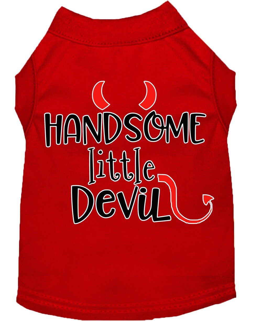 Red pet shirt with sleeveless cut and Handsome Little Devil back graphic