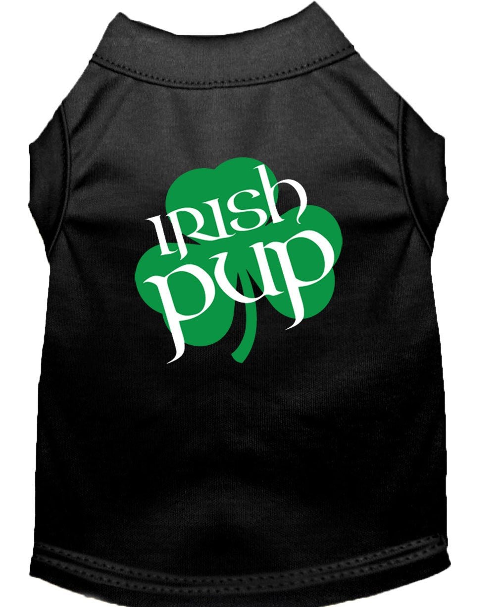 Black pet shirt with crew neck and green “Irish Pup” logo on back