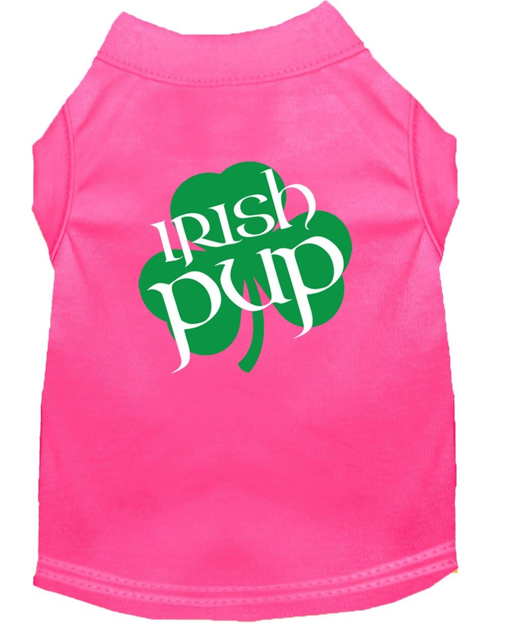 Bright pink pet shirt with crew neck and green “Irish Pup” logo on back