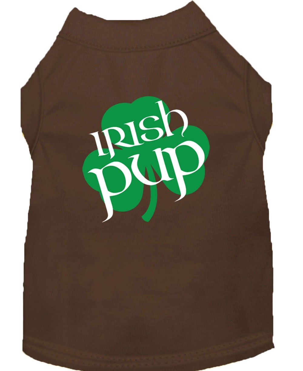 Brown pet shirt with crew neck and green “Irish Pup” logo on back