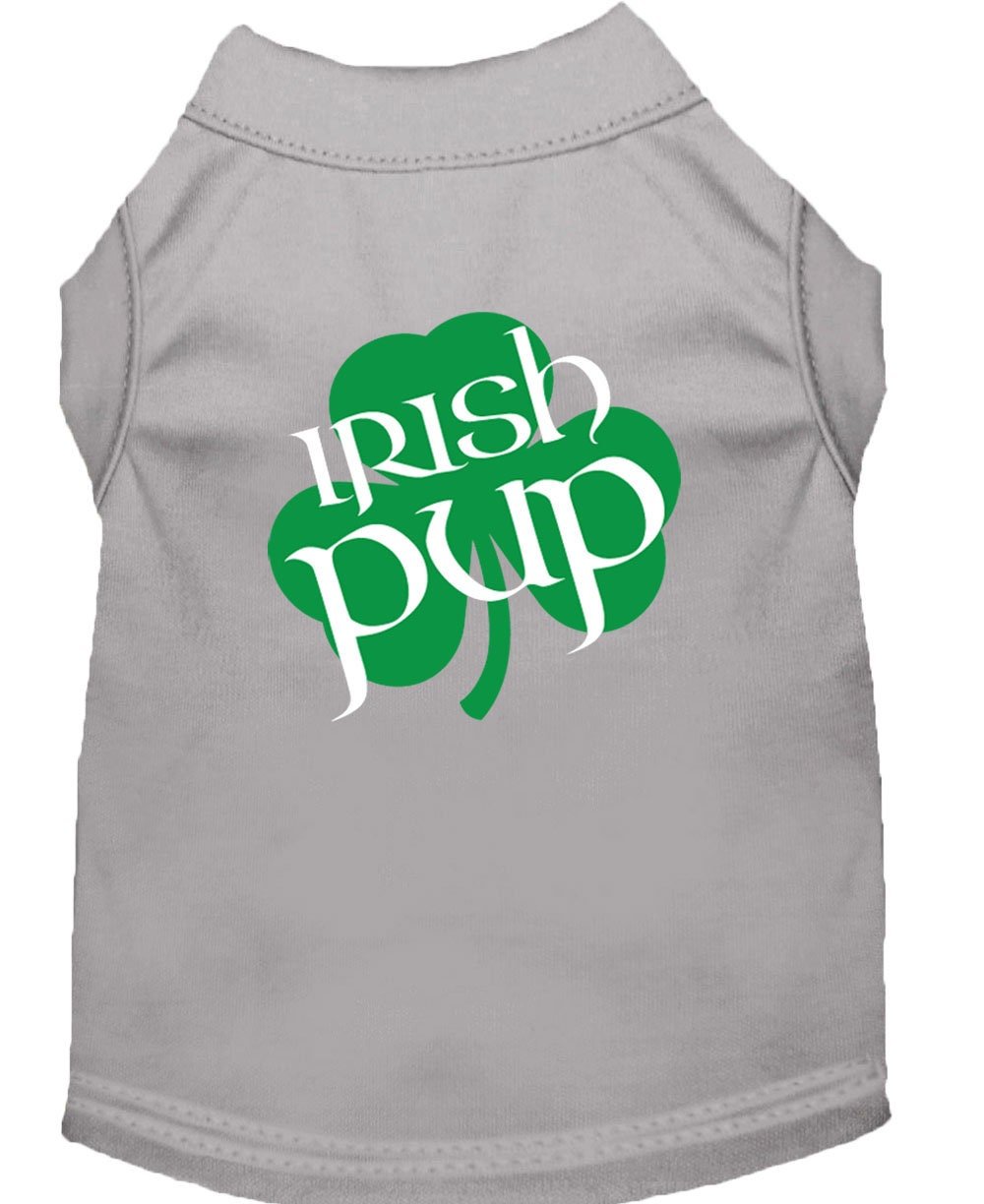 Gray pet shirt with crew neck and green “Irish Pup” logo on back