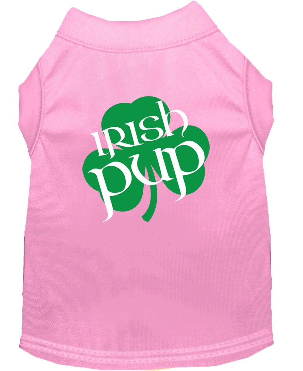 Pink pet shirt with crew neck and green “Irish Pup” logo on back