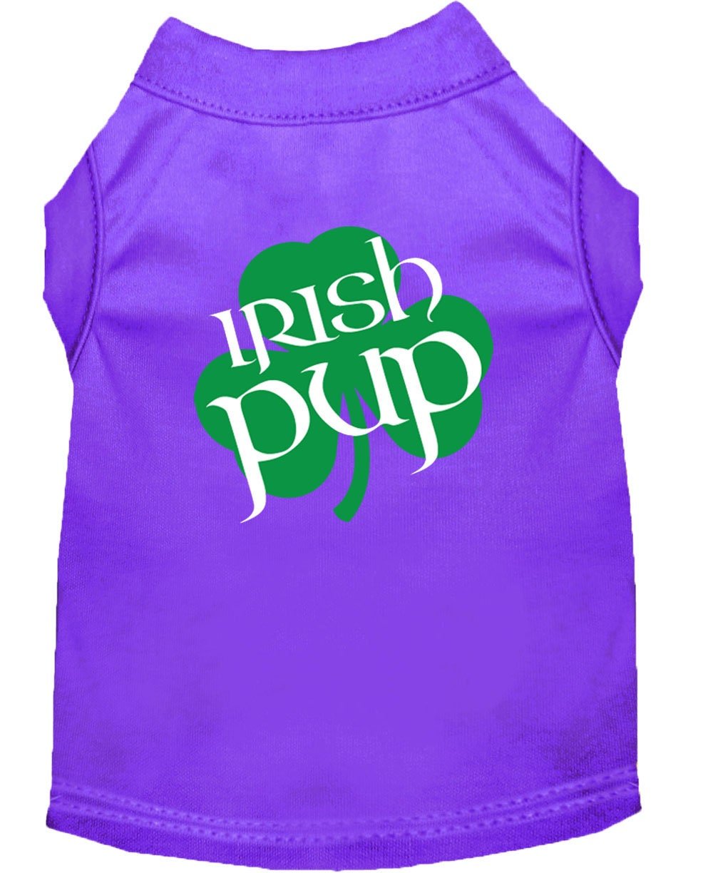 Purple pet shirt with crew neck and green “Irish Pup” logo on back