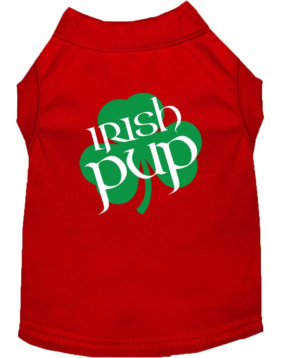 Red pet shirt with crew neck and green “Irish Pup” logo on back