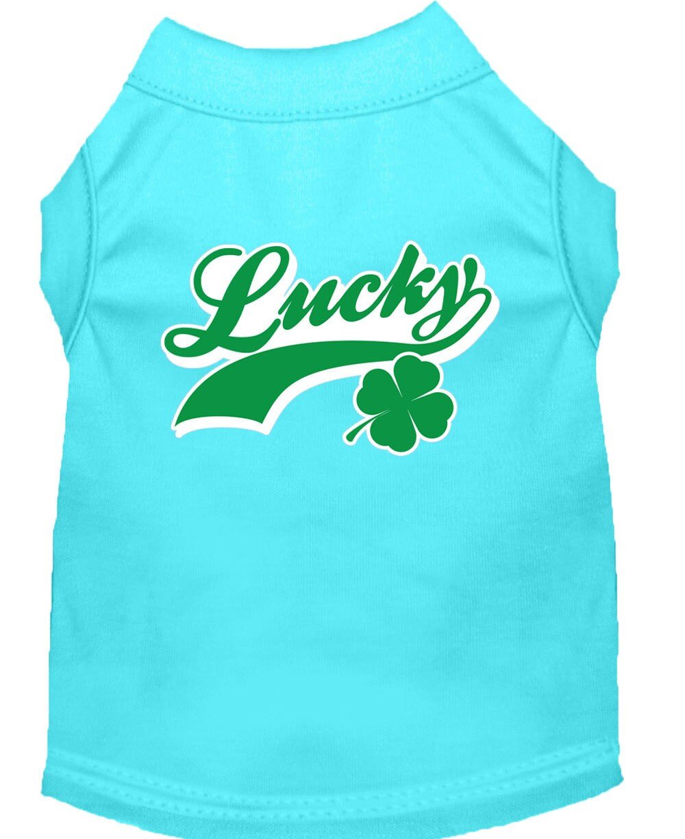 Aqua blue sleeveless pet shirt with Lucky logo and green clover graphic