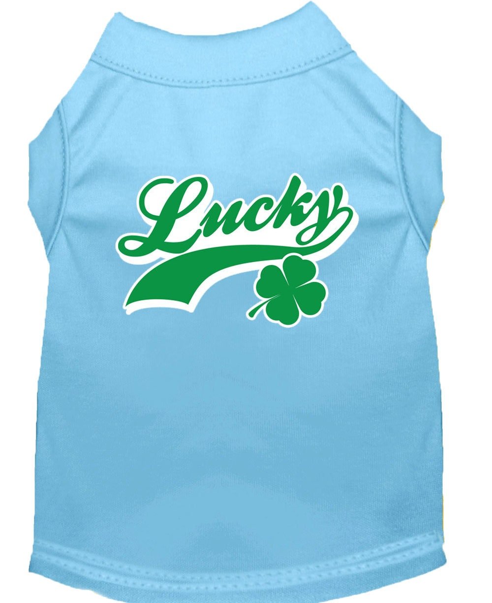 Light blue sleeveless pet shirt with Lucky logo and green clover graphic
