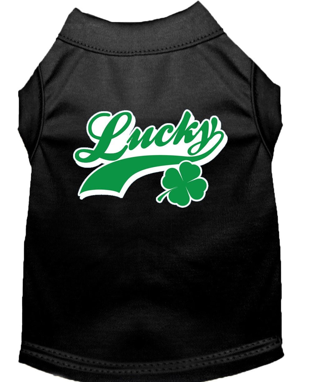 Black sleeveless pet shirt with Lucky logo and green clover graphic