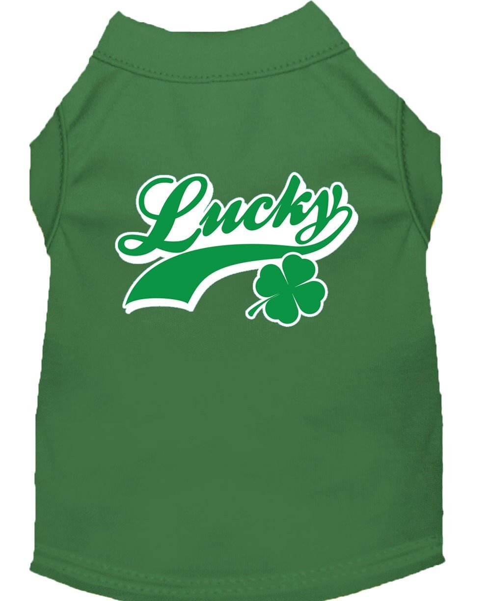 Green sleeveless pet shirt with Lucky logo and green clover graphic
