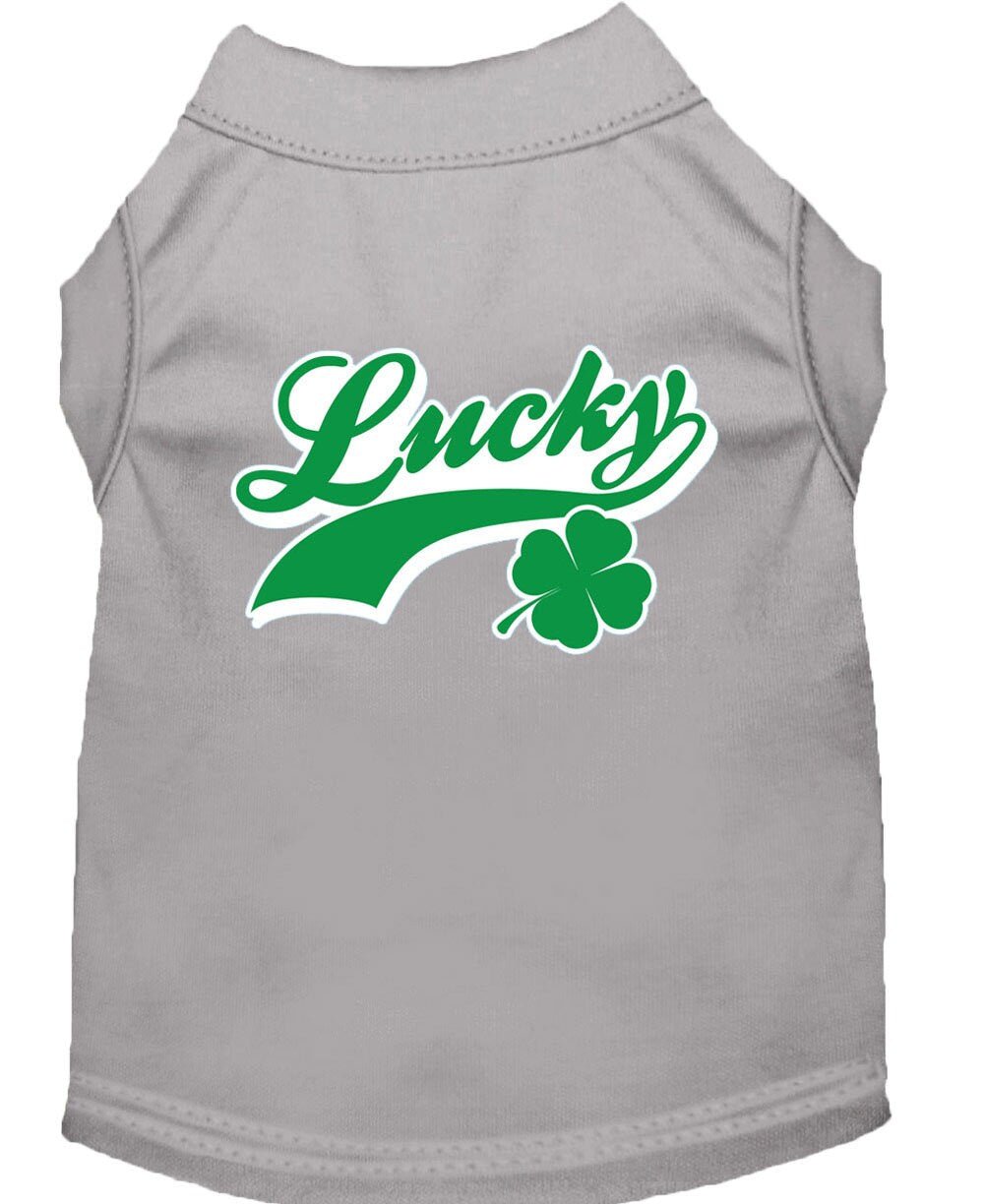 Grey sleeveless pet shirt with Lucky logo and green clover graphic