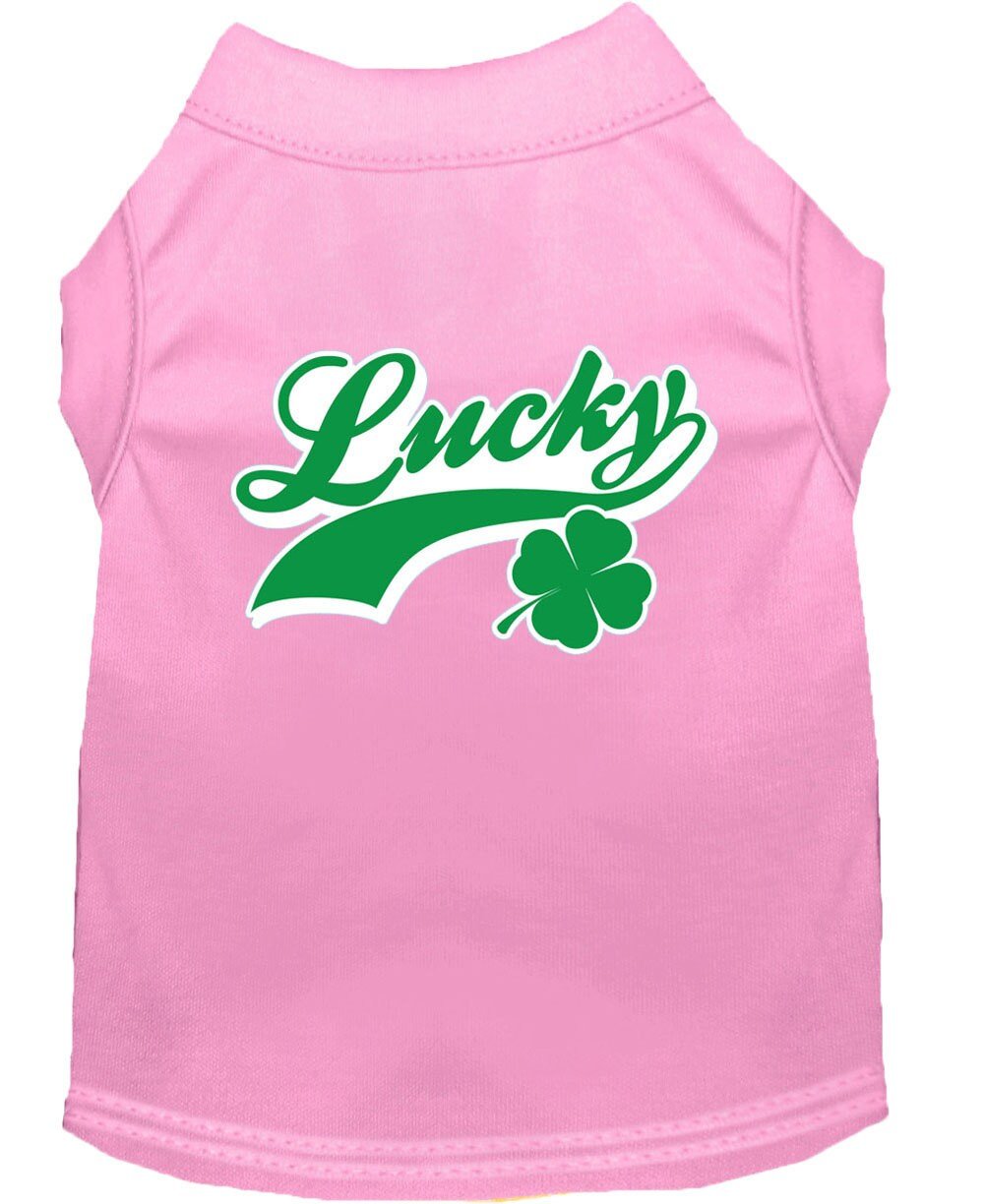 Light pink sleeveless pet shirt with Lucky logo and green clover graphic
