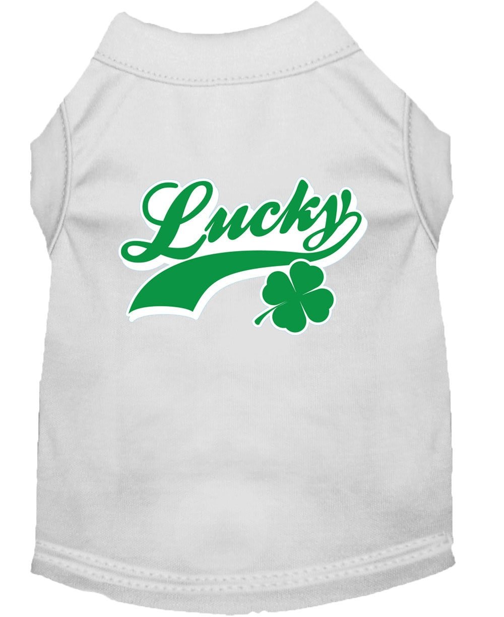 Light grey sleeveless pet shirt with Lucky logo and green clover graphic