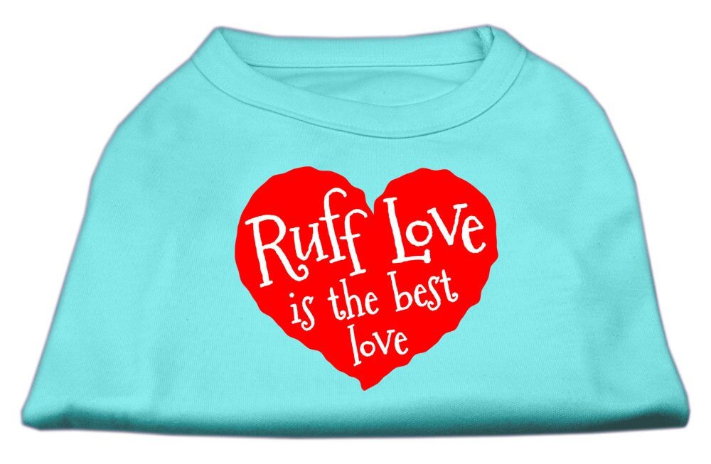 Turquoise pet shirt with red "Ruff Love" heart graphic and matching text