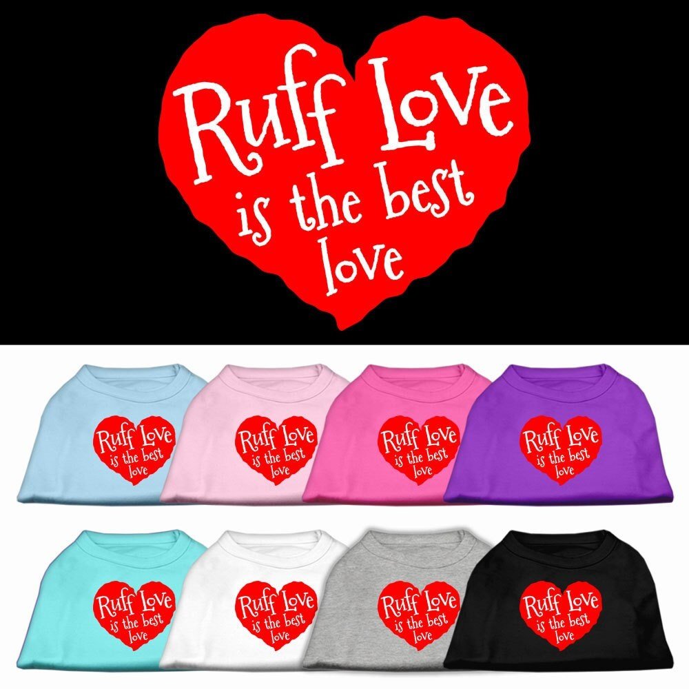 Pet shirts in assorted colors with red "Ruff Love" heart graphic