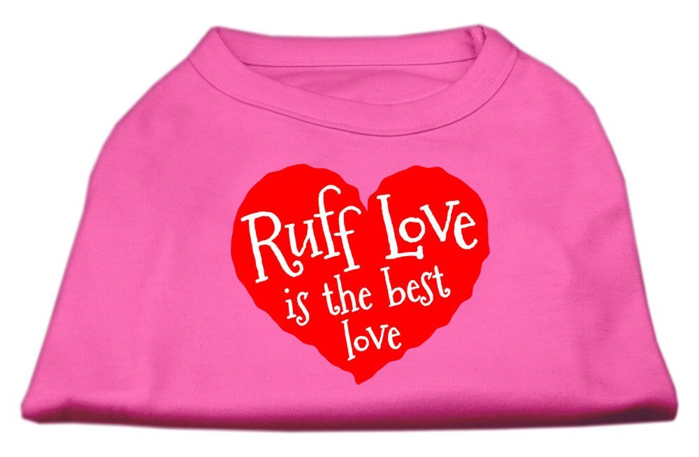 Bright pink pet shirt with red "Ruff Love" heart graphic and matching text
