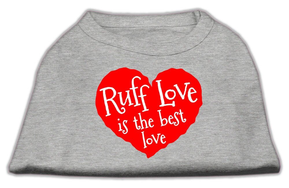 Gray pet shirt with red "Ruff Love" heart graphic and matching text